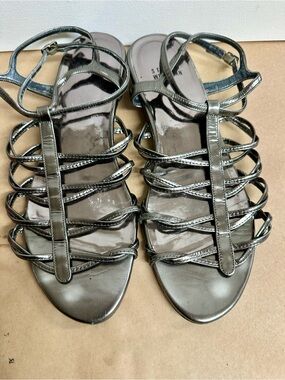Stuart Weitzman Metallic Gunmetal Multi-Strap Flat Sandals
